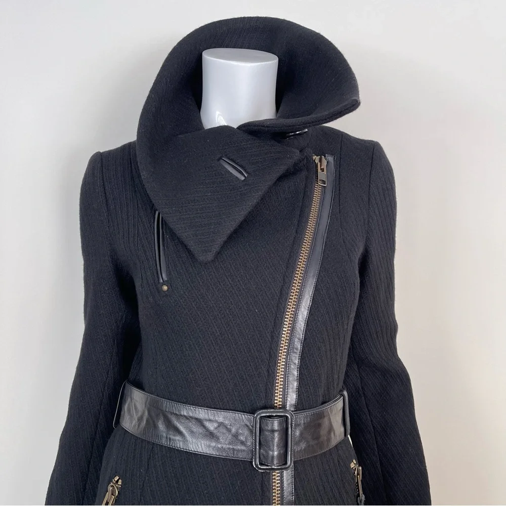 MACKAGE Funnel Neck Asymmetrical Zip Belted Wool Coat in Black - Picture 2 of 12